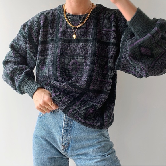 ‼️SOLD‼️Vintage patterned oversized slouchy 80s 90s knit crew neck sweater - Picture 2 of 7